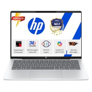 hp omnibook 5 oled (previously pavilion), snapdragon x processor (16gb lpddr5x, 1tb ssd) 2k, 14''/35.6cm, win11, m365 basic(1yr)* office24, silver, 1.35kg, he0015qu, light weight, next gen ai laptop